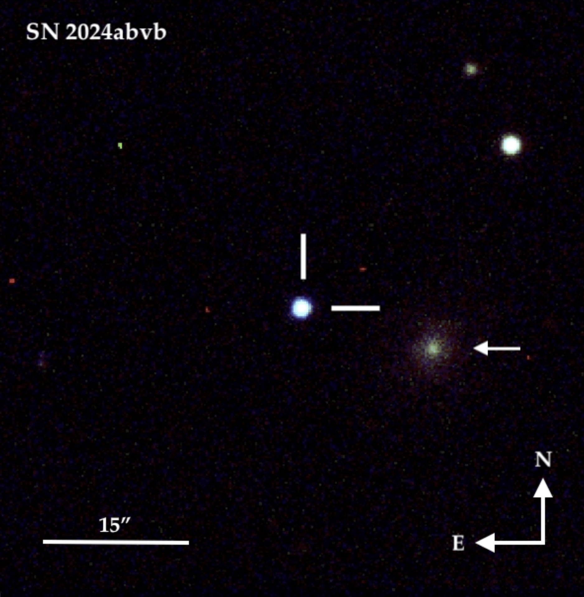 The local environment of the Type Icn 2024abvb, with its host-galaxy marked with an arrow.